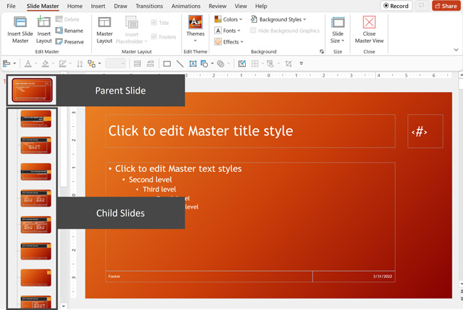 Example of the Parent Slide and Child Slide layouts on the PowerPoint slide master