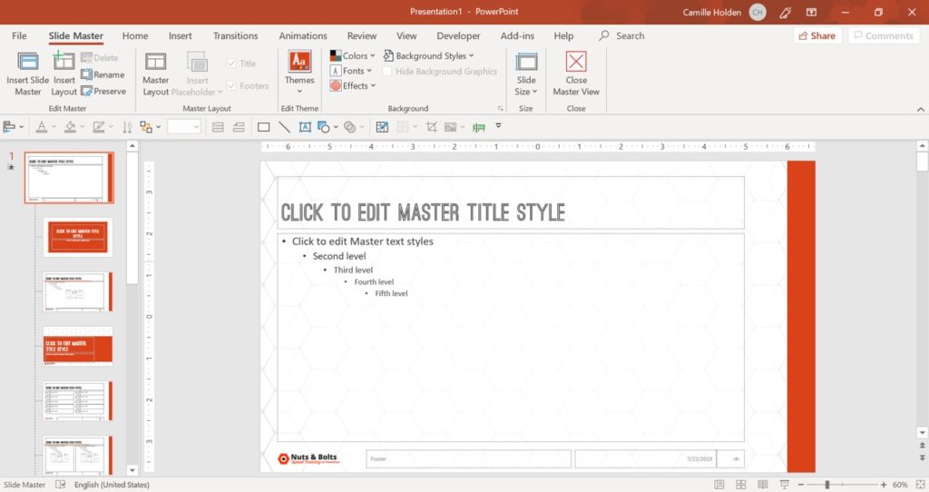 Example of the custom PowerPoint template in the Slide Master View.