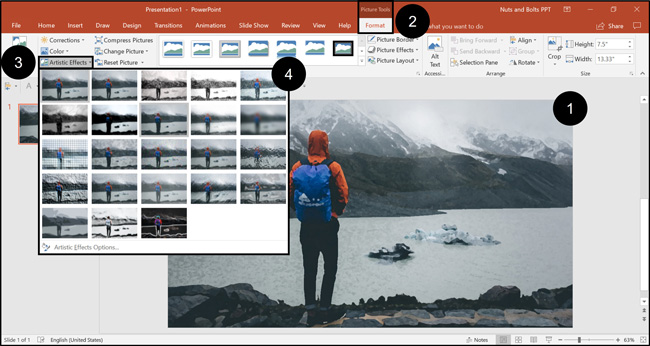Select your picture, click the Picture Tools format tab, open the Artistic Effects dropdown and choose the artistic effect you want to apply to your image in PowerPoint