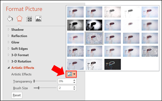 You can find the artist effects options in the Format Picture dialog box