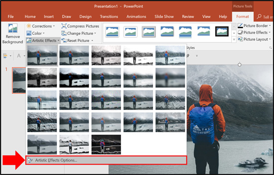 From the picture format tab, open the artistic effects dropdown and select artistic effect options