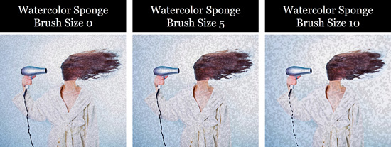 Examples of the watercolor sponge effect using different brush sizes in PowerPoint