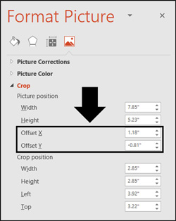 Use the Offset X and Offset Y values to adjust your image within the cropped frame in PowerPoint