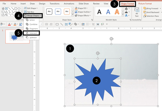 Open the merge shapes dropdown and select Intersect to intersect a shape with a picture in PowerPoint