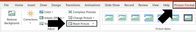 To reset an image in PowerPoint, click the Picture Format tab and then click Reset