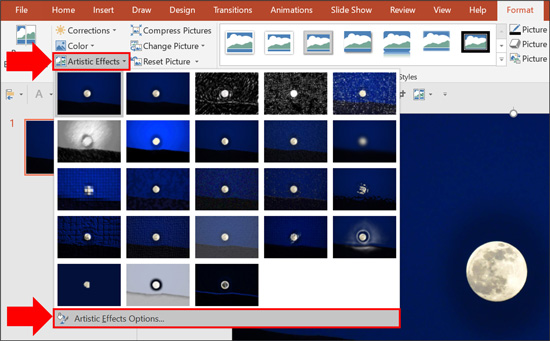 Inside PowerPoint, select your image, open the Artistic Effects drop down and select the Artistic Effect Options