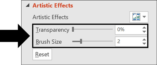 Transparency and brush size are the two effect options that will have the most effect on your picture