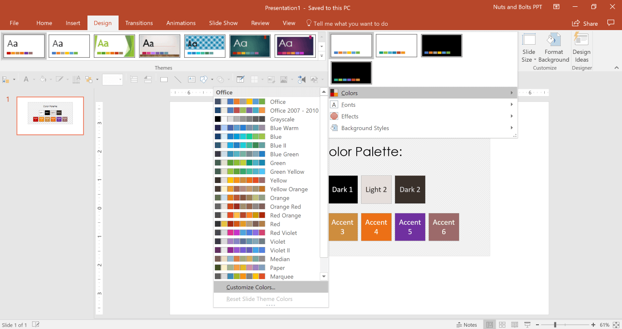 From the design tab select customize colors
