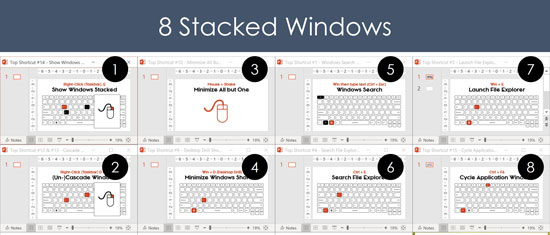 Eight stacked Windows in Windows 10