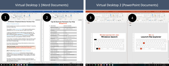 Example of four documents open across two virtual desktops in Windows