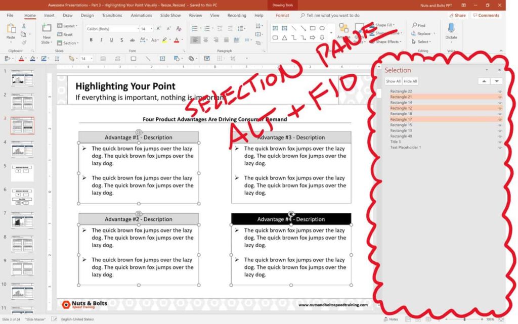 Example of the selection pane in PowerPoint, Alt plus F10 on your keyboard to open and close it