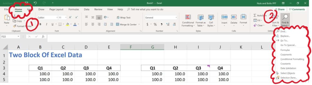 From the Home tab in Excel, open the Find and Select command to see all of your different selection options