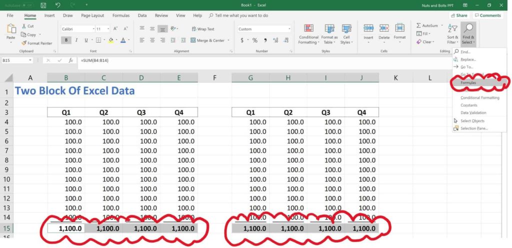Example of using the Find and Select drop down in Excel to select comments