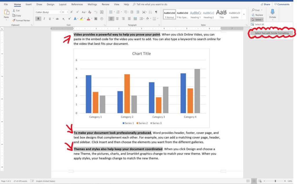 Example of selecting text with similar formatting in a Word document