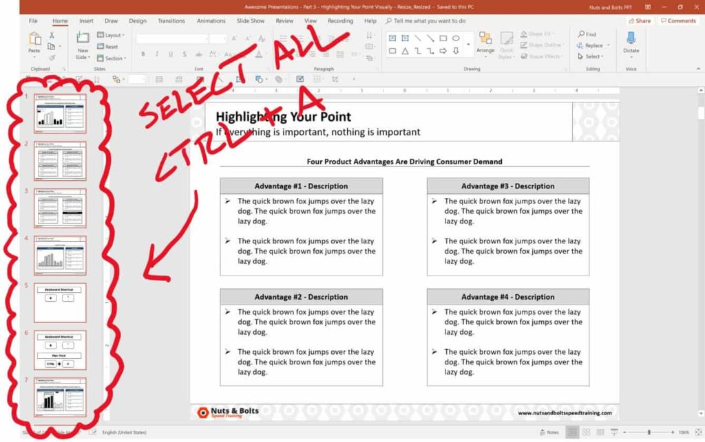 Example of selecting all of the slides in the Thumbnail view on the left in PowerPoint