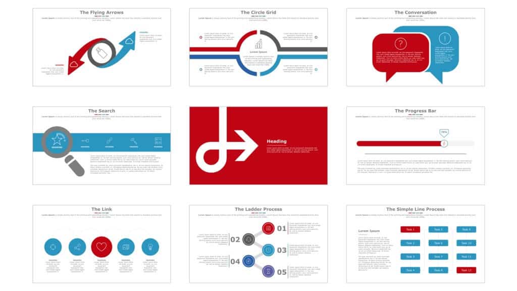 Examples of flow process slide layouts within the sleek template by slidecow