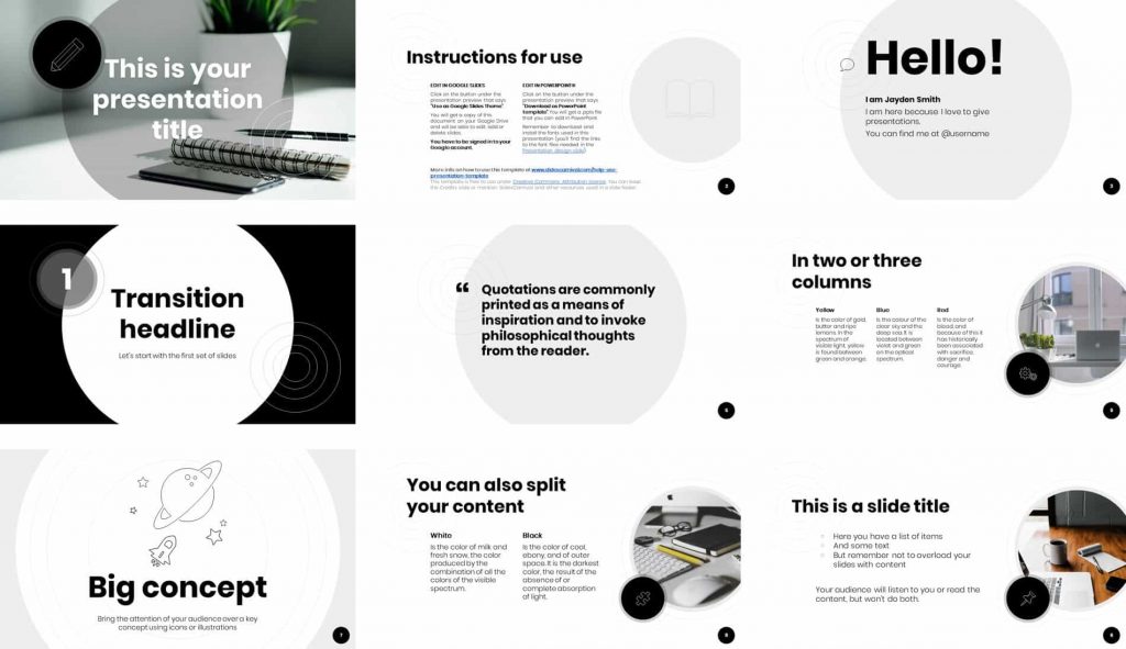 Examples of the title slide, divider slides and other layouts within the Cymbeline template