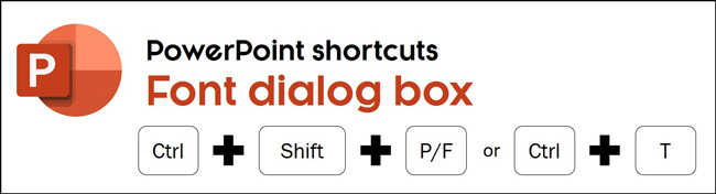 The font dialog box has three PowerPoint shortcuts, Ctrl + Shift + F, Ctrl + Shift + P and Ctrl + T