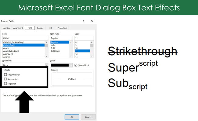 In the Format Cells dialog box in Excel you can find the text effects like strikethrough, superscript, and subscript