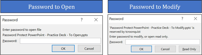 There are two types of protection you can add to powerpoint, Password to Open and Password to Modify