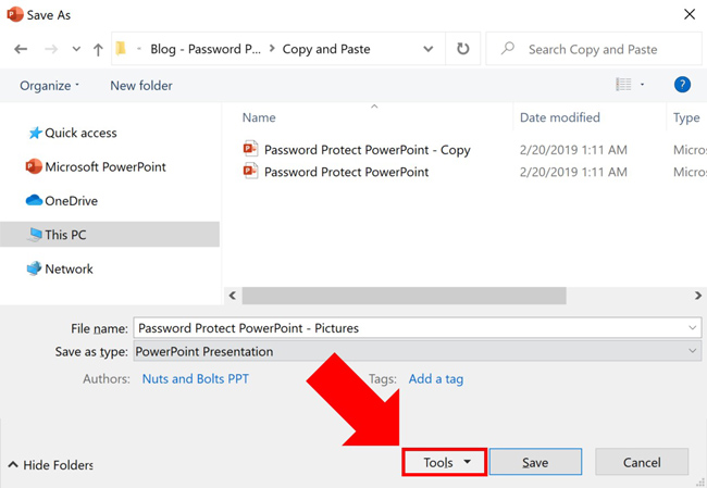 In the Save As dialog box, click the Tools command to access the password protection options in PowerPoint