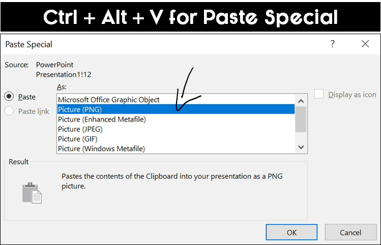 The paste special dialog box