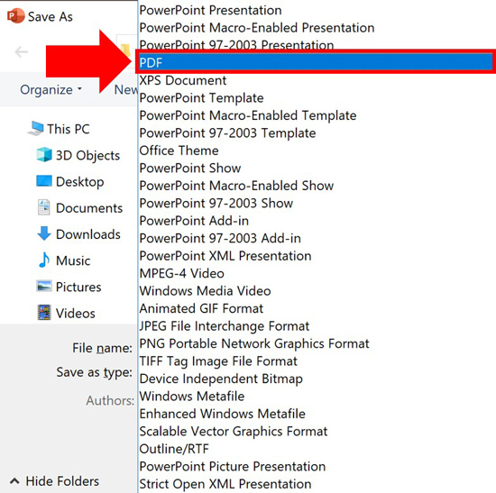 Inside the Save As Type dropdown, find and select the PDF file format
