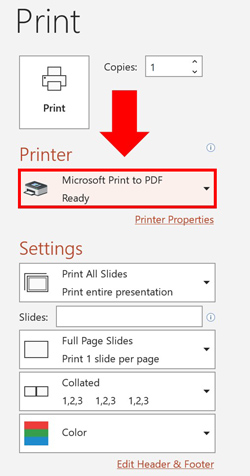 Open the Printer dropdown and select the Microsoft Print to PDF printer