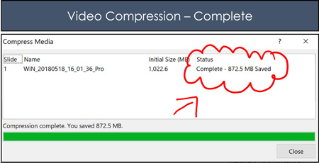 Example of how much space you can save when you compress a large video file in PowerPoint