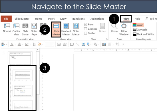 To navigate to the slide master view in PowerPoint, click the View tab and select the slide master command