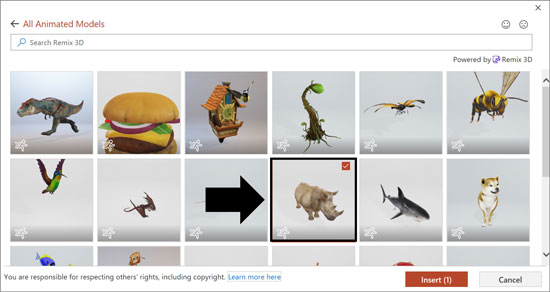 Example selecting the 3D rhinoceros in PowerPoint using the new 3D models command
