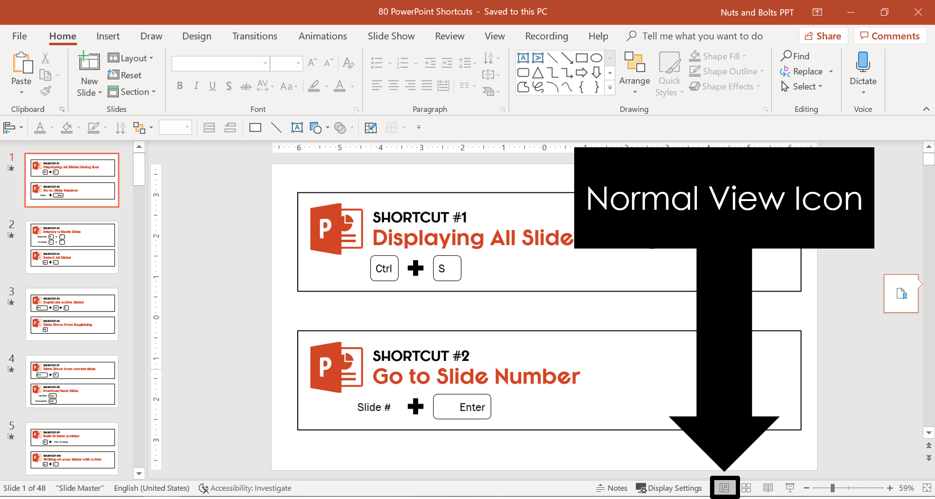 Click the normal view icon at the bottom of your PowerPoint work space to open the outline view