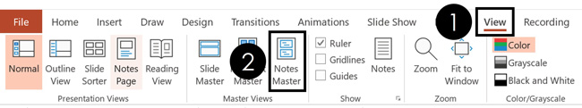 To open the notes master, click the view tab and click the notes master command