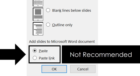 Exporting and linking your powerpoint slides to word is not recommended