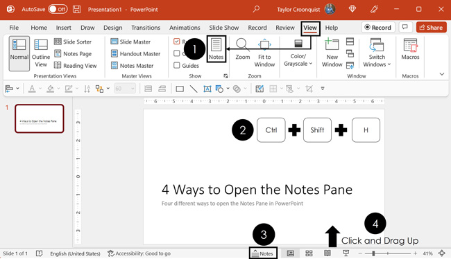 There are four different ways to open the notes pane in PowerPoint to add your speaker notes