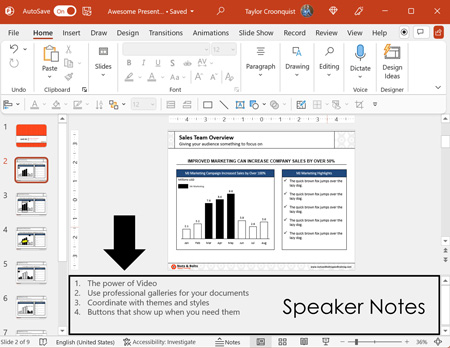Example of speaker notes typed into the notes pane of PowerPoint
