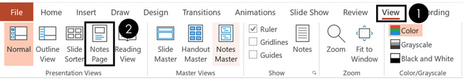 To navigate to the Notes page in PowerPoint, click the View tab and select Notes Page