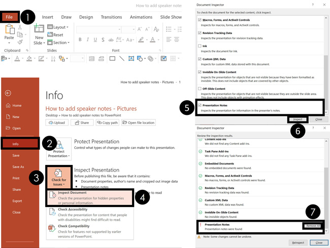 To remove all your speaker notes in PowerPoint at once you need to use the document inspector tool