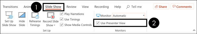 Click the slide show tab and put a checkmark next to the Use Presenter View