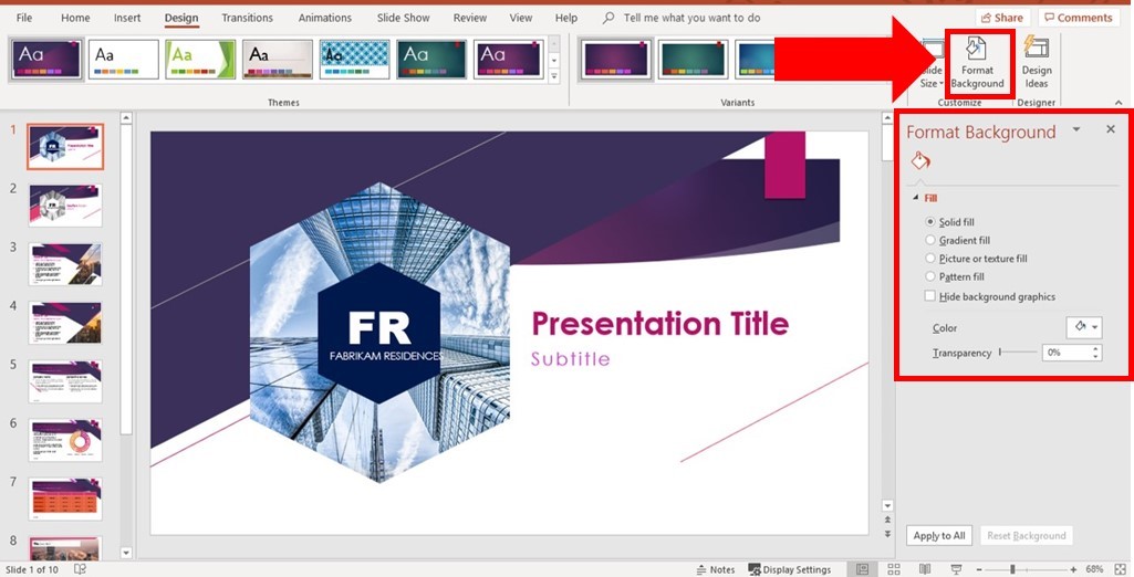 From the Design Tab, click on Format Background to change the formatting of your slide backgrounds