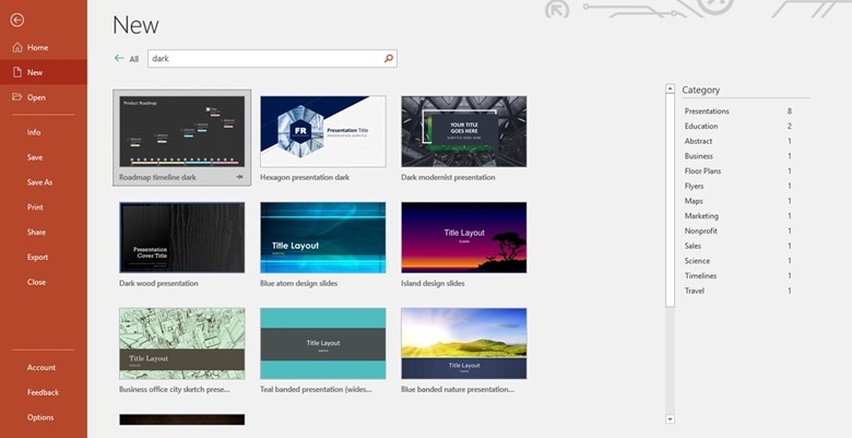 Using the search bar in PowerPoint to find a template style that fits your presentation style