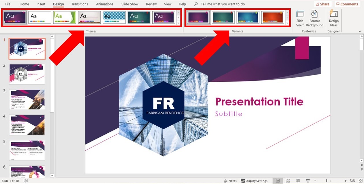 From the Design tab, use the themes and variants gallery to change the look and feel of your PowerPoint backgrounds
