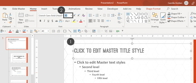 Changing the Title placeholder's font size up in the Ribbon's Home tab