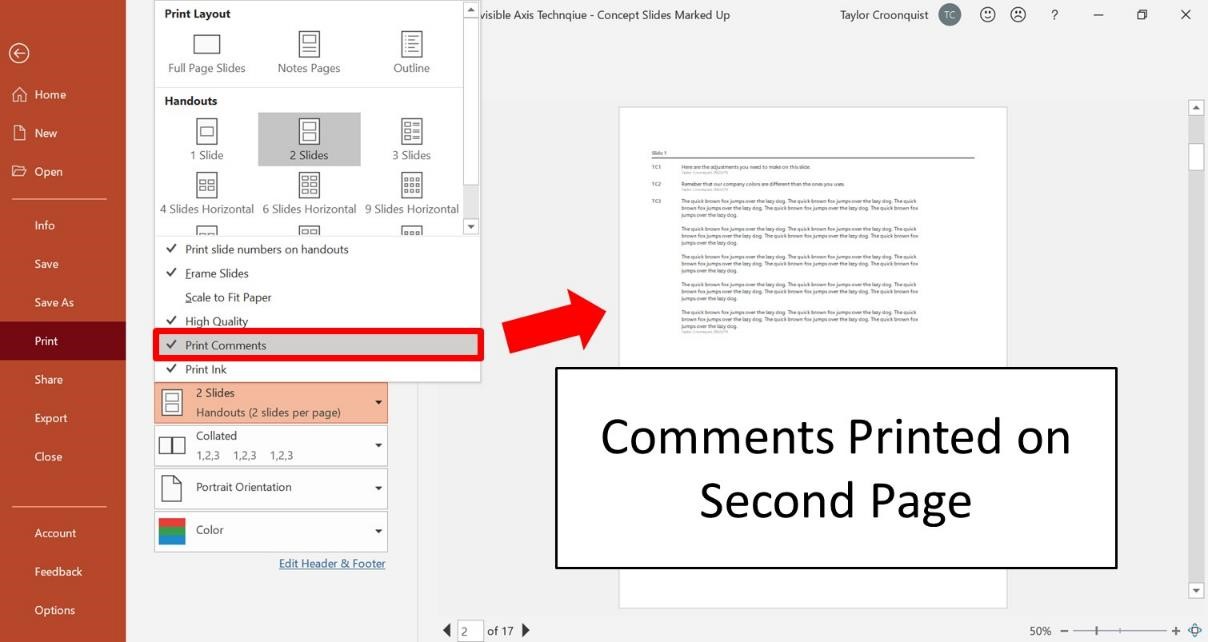 how to print powerpoint presentation with comments