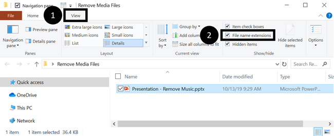 In the file Explorer click the view tab and select filename extensions to show the extensions