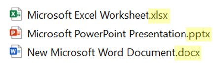 The file name extensions are .pptx for PowerPoint, .xlsx for Excel, and .docx for Word