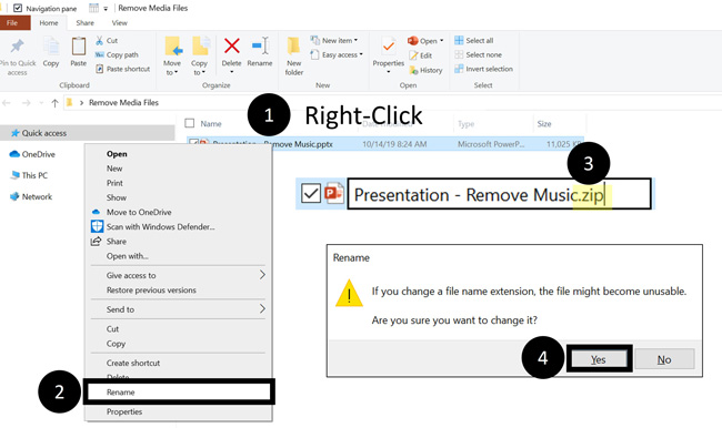 Change the file name extension for your PowerPoint presentation from .pptx to .zip