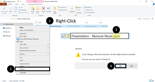 When you are done deleting your music files from your PowerPoint presentation, right-click a zipped folder and rename the file extension to .pptx to turn it back into a PowerPoint presentation
