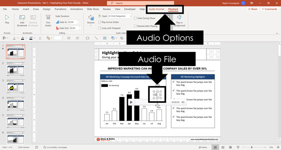 After inserting a music file and PowerPoint you will see audio playback options and settings in your ribbon