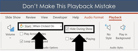 A common mistake is to select when clicked on for a song to start in PowerPoint, but also hiding the audio file so you can never click it